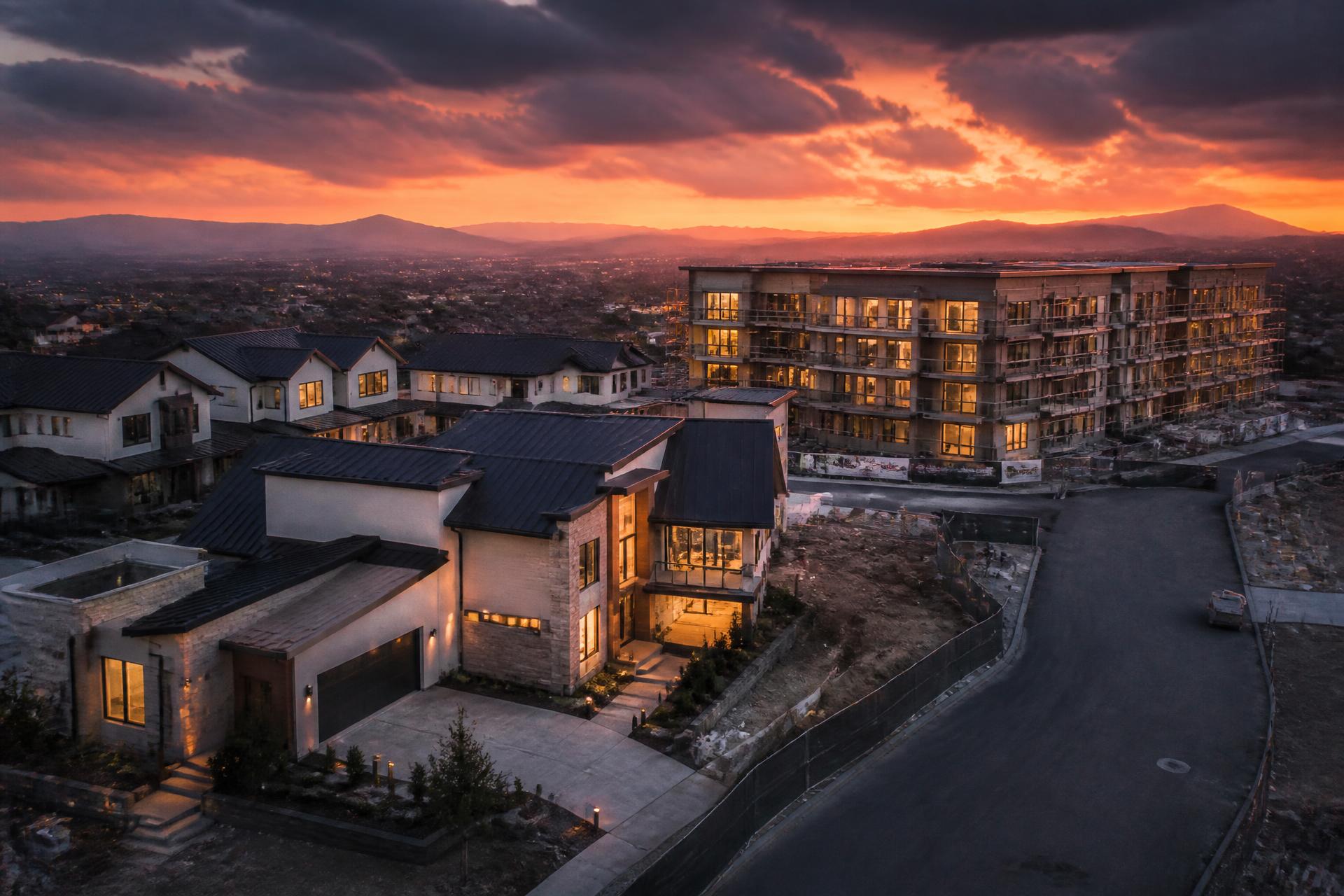 Mixed residential and apartment development at twilight